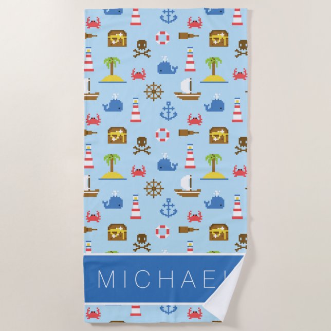 Add Your Name | Pixel Sea Art Pattern Beach Towel (Front)