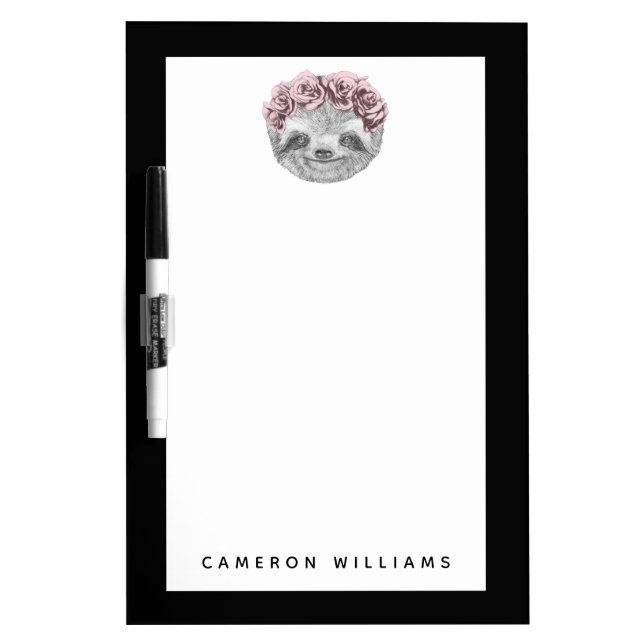 Add Your Name | Portrait Of Sloth Floral Wreath Dry Erase Board (Front)
