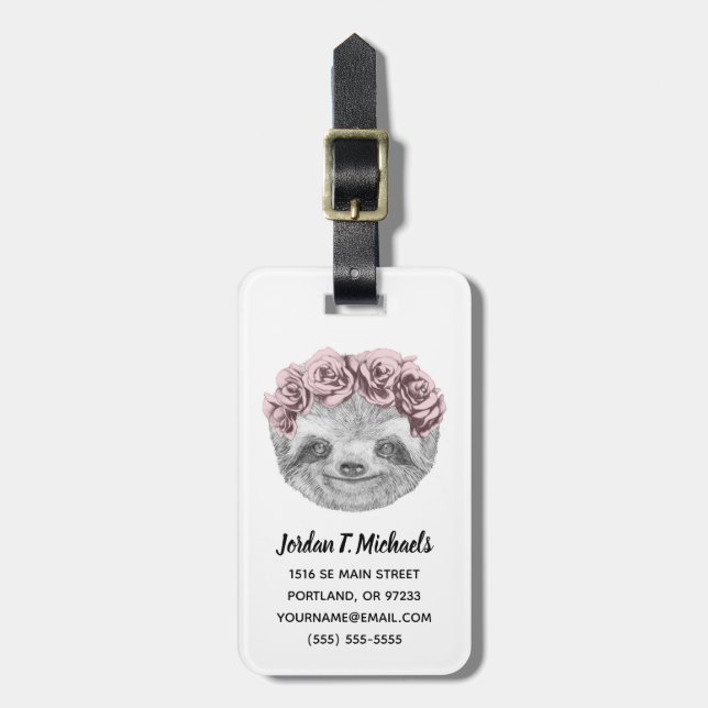 Add Your Name | Portrait Of Sloth Floral Wreath Luggage Tag (Front Vertical)
