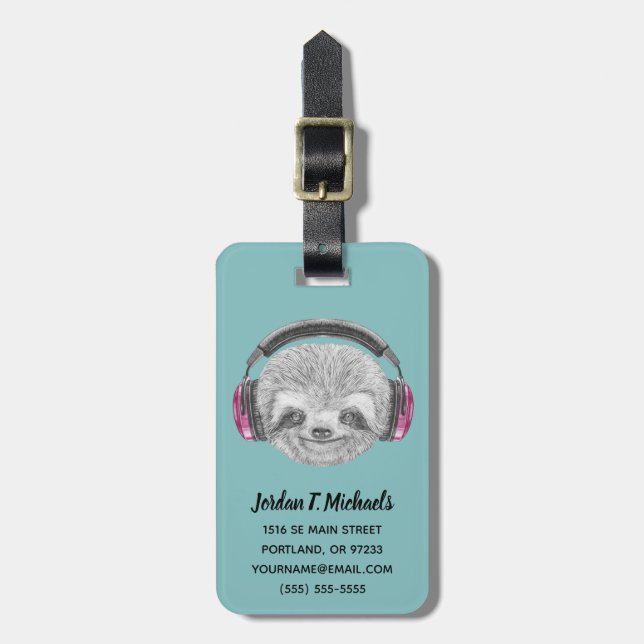 Add Your Name | Portrait Of Sloth Headphones Luggage Tag (Front Vertical)