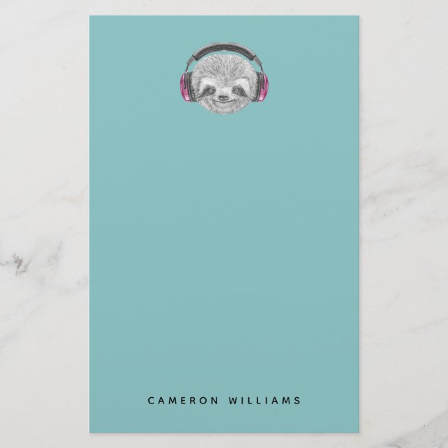Add Your Name | Portrait Of Sloth Headphones Stationery (Front)