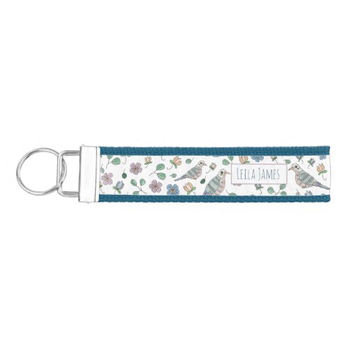 Add Your Name Pretty Doves and Flowers Patterned Wrist Keychain