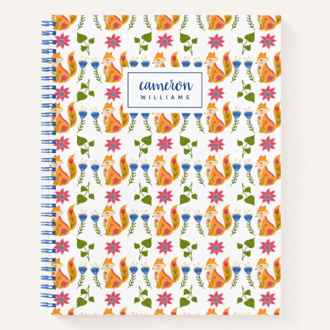 Add Your Name | Pretty Pastel Foxy Floral Pattern Notebook (Front)
