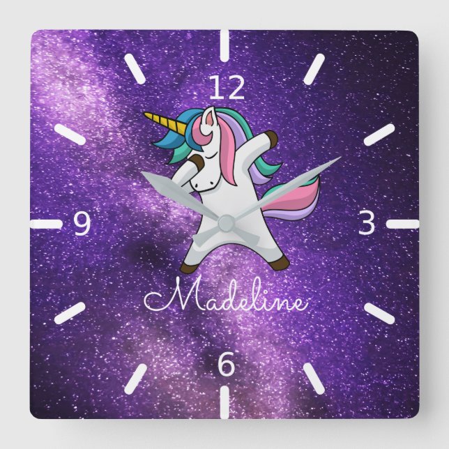 ADD YOUR NAME/Purple Space Dabbing Unicorn  Square Wall Clock (Front)