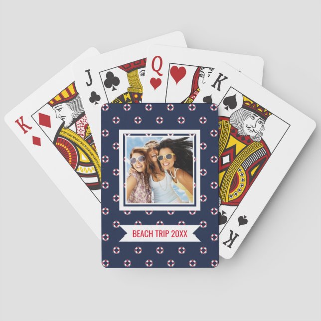 Add Your Name | Red And White Buoy Pattern Poker Cards (Back)