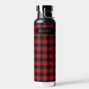 ADD YOUR NAME   Red & Black Buffalo Checks Water Bottle