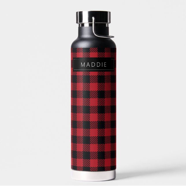 ADD YOUR NAME | Red & Black Buffalo Checks Water Bottle (Left)