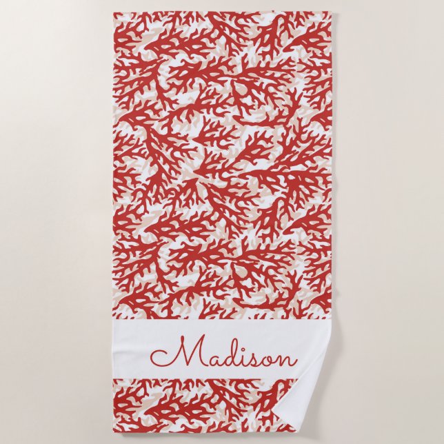 Add Your Name | Red Coral Pattern Beach Towel (Front)
