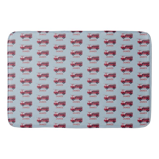 Add Your Name Red Fire truck Personalized Bath Mat (Front)