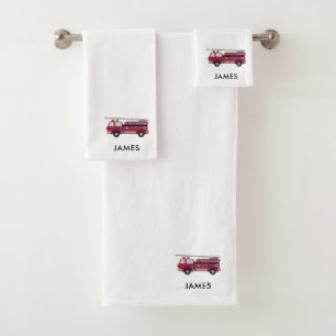 Add Your Name Red Fire truck Personalized Kids Bath Towel Set