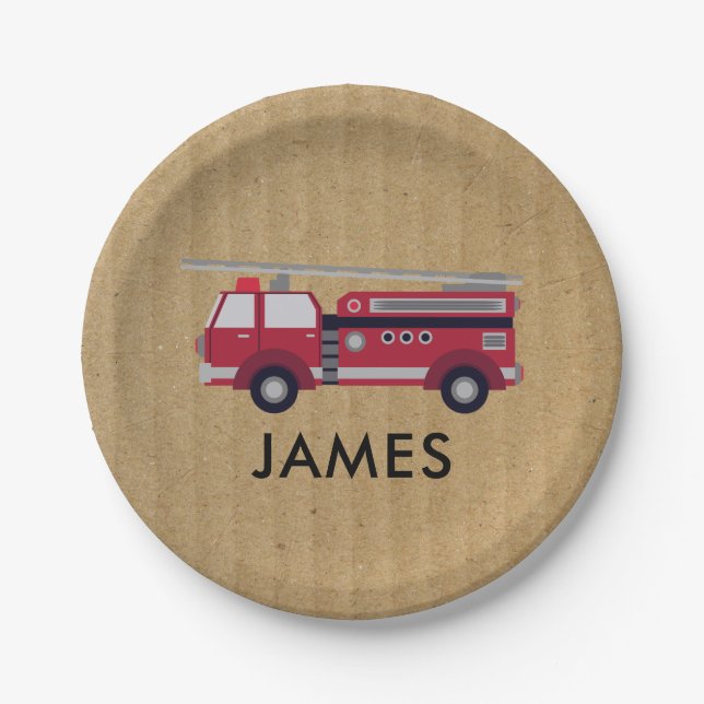 Add Your Name Red Fire truck Personalized Paper Plates (Front)