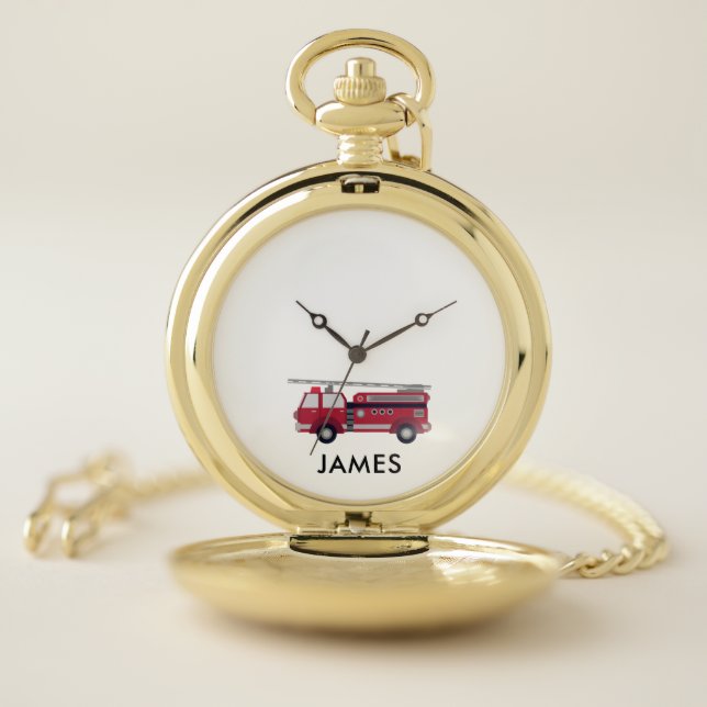 Add Your Name Red Fire truck Personalized Pocket Watch (Inside)