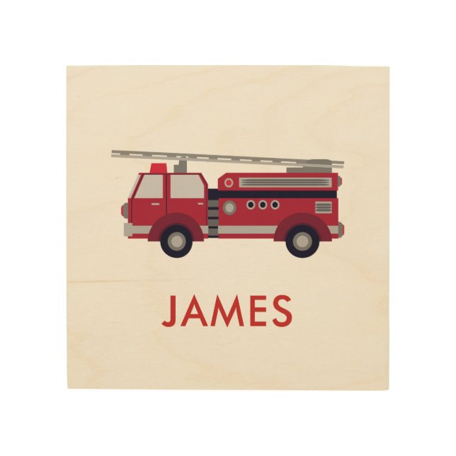 Add Your Name Red Fire truck Personalized Wood Wall Art (Front)