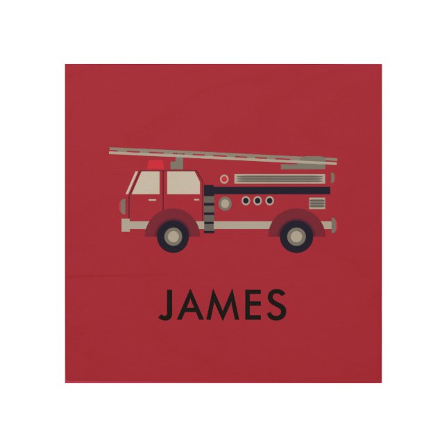 Add Your Name Red Fire truck Personalized Wood Wall Art (Front)