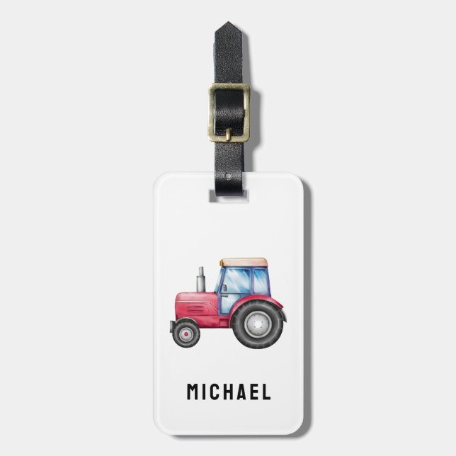 Add Your Name Red Tractor Farm Watercolor Luggage Tag (Front Vertical)