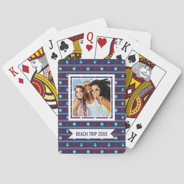 Add Your Name | Red White And Blue Nautical Patter Poker Cards (Back)