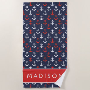 Add Your Name   Red White And Blue Navy Pattern Beach Towel