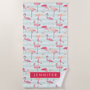 Add Your Name Retro Flamingos On Mint Stripes Beach Towel