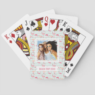 Add Your Name Retro Flamingos On Mint Stripes Poker Cards