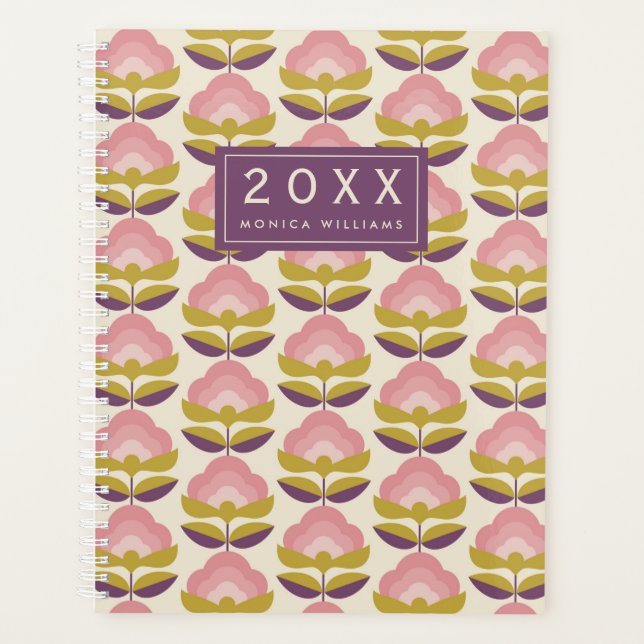 Add Your Name | Retro Pink & Purple Floral Pattern Planner (Front)