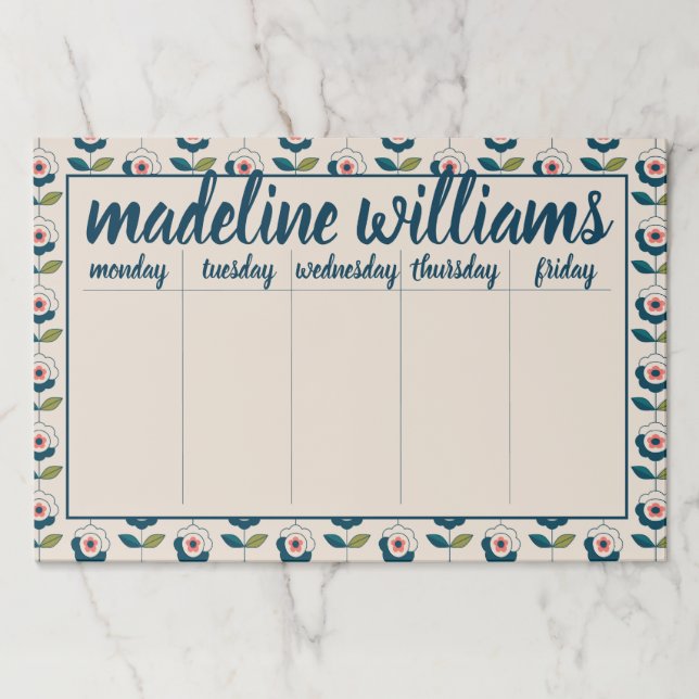 Add Your Name | Retro Turquoise Floral Pattern Paper Pad (Front)