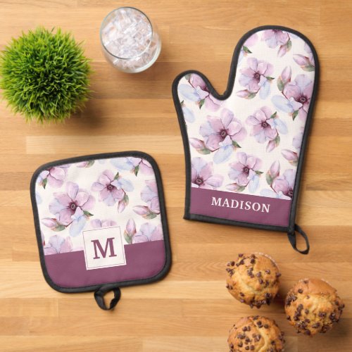 Add Your Name  Romantic Floral Pattern Oven Mitt  Pot Holder Set