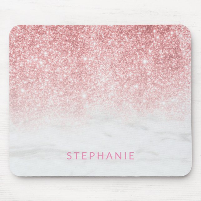 Add Your Name Rose Gold Glitter Marble Luxe Mouse Pad (Front)