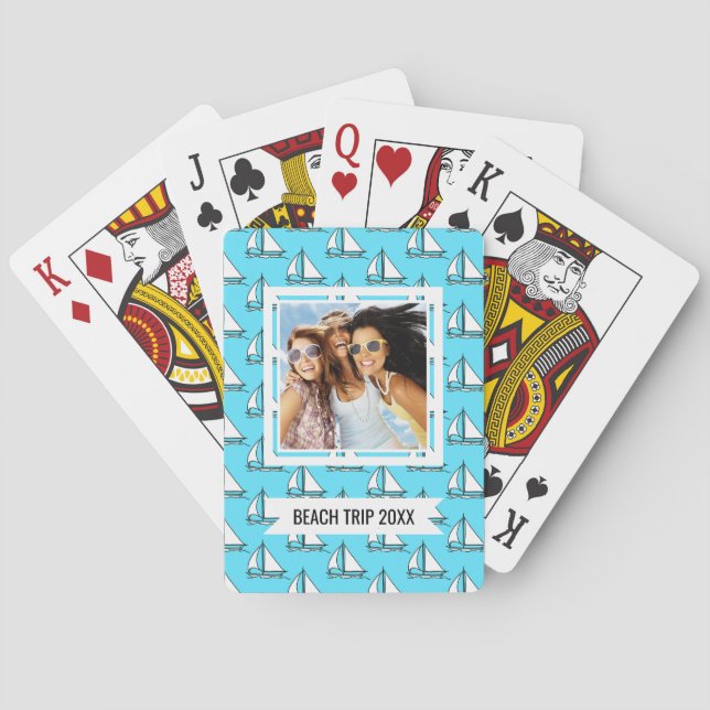 Add Your Name | Sailboats On Blue Sea Pattern Poker Cards (Back)