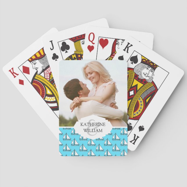 Add Your Name | Sailboats On Blue Sea Pattern Poker Cards (Back)