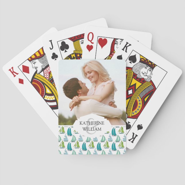 Add Your Name | Sailboats On The Water Pattern Poker Cards (Back)