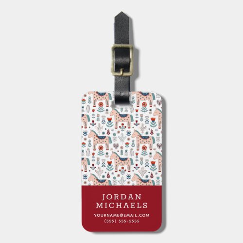 Add Your Name  Scandinavian Horse Folk Art Luggage Tag