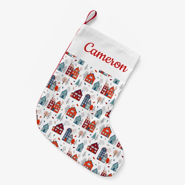 Add Your Name | Scandinavian House Folk Art Small Christmas Stocking (Front (Hanging))