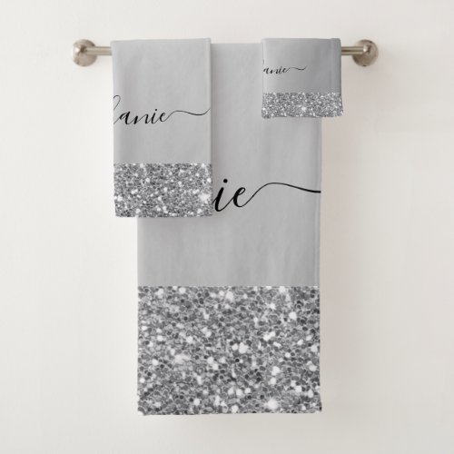 Add Your Name Script Silver Glitter Drips Luxe Bath Towel Set