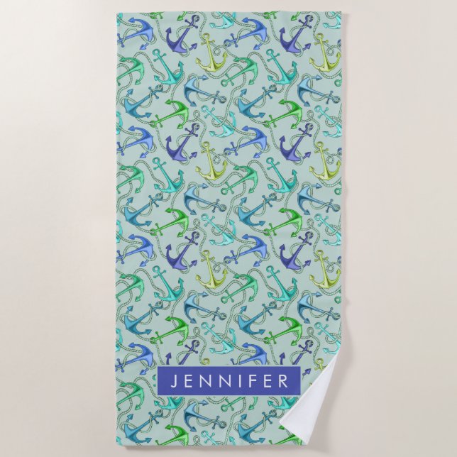 Add Your Name | Sea Anchors And Rope Pattern Beach Towel (Front)