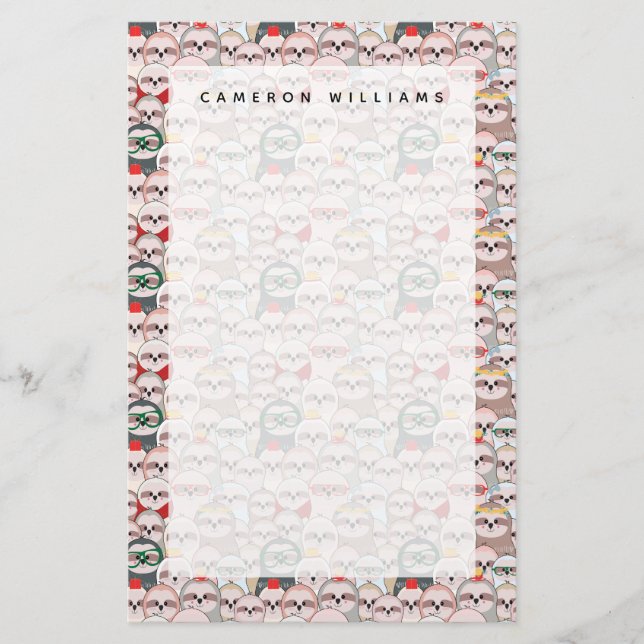 Add Your Name | Sloth Comic Pattern Stationery (Front)