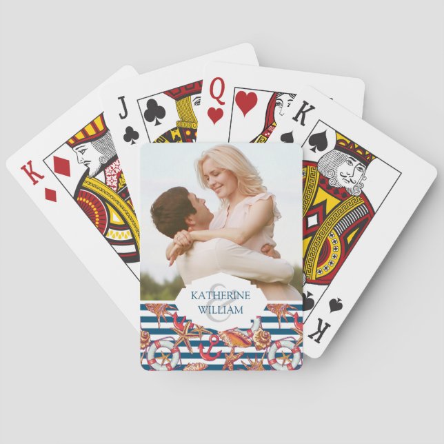 Add Your Name | Starfish And Stripes Pattern Poker Cards (Back)