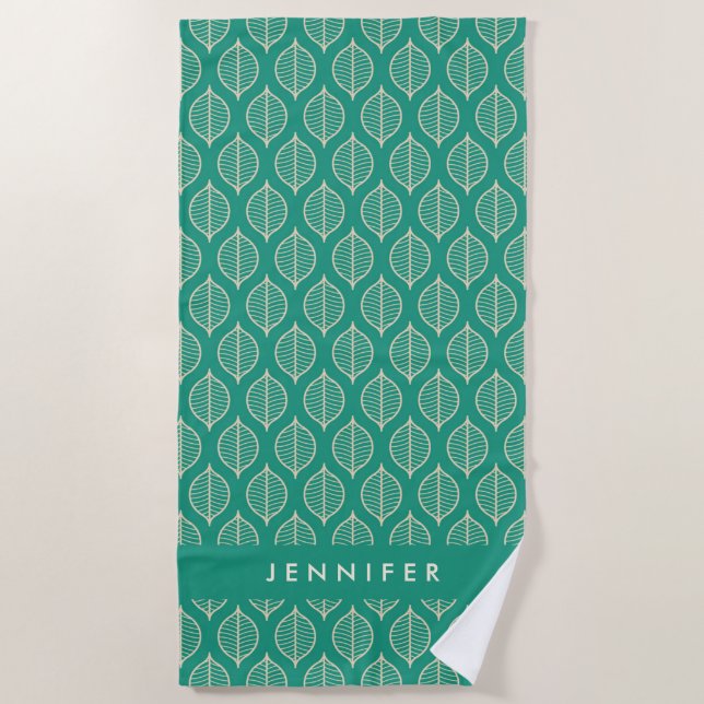 Add Your Name | Stylized Green Leaf Pattern Beach Towel (Front)