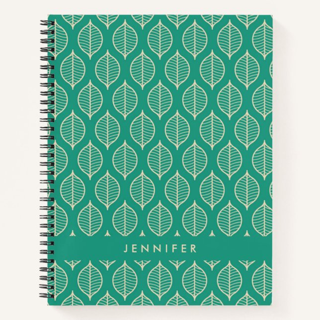 Add Your Name | Stylized Green Leaf Pattern Notebook (Front)
