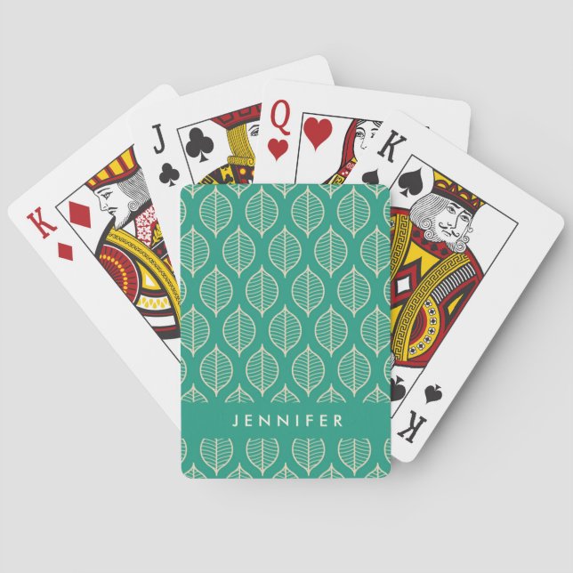 Add Your Name | Stylized Green Leaf Pattern Poker Cards (Back)
