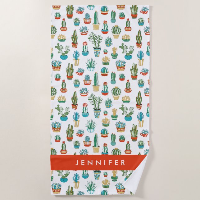 Add Your Name | Succulents Pattern Beach Towel (Front)