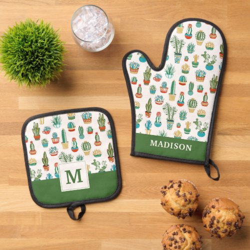 Add Your Name  Succulents Pattern Oven Mitt  Pot Holder Set