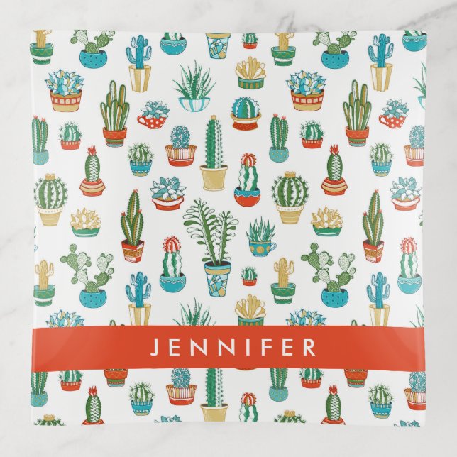 Add Your Name | Succulents Pattern Trinket Tray (Front)