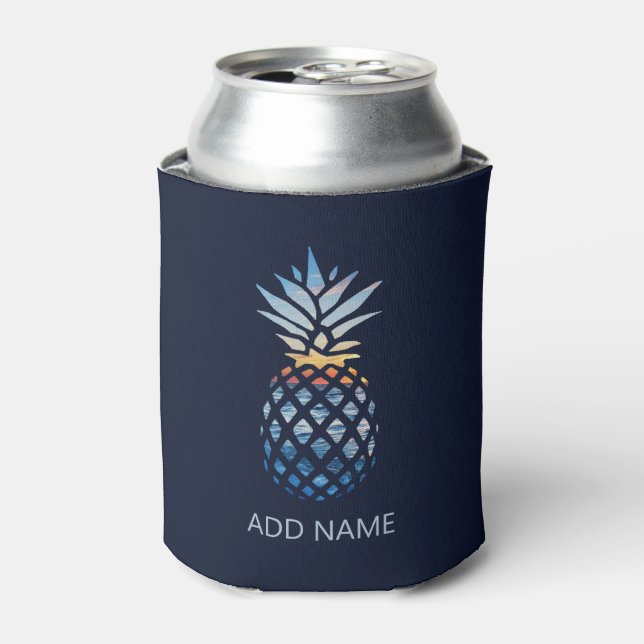 Add Your Name Sunset Beach Pineapple with Ocean Can Cooler (Can Front)