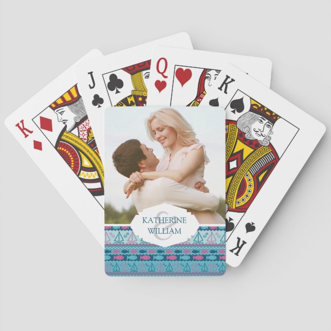 Add Your Name | Super Fun Fish And Sailboat Patter Poker Cards (Back)