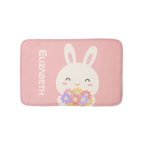 Add Your Name  Sweet Little Bunny  Flowers Pink Bath Mat