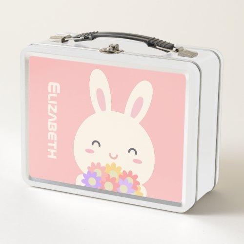 Add Your Name  Sweet Little Bunny  Flowers Pink Metal Lunch Box