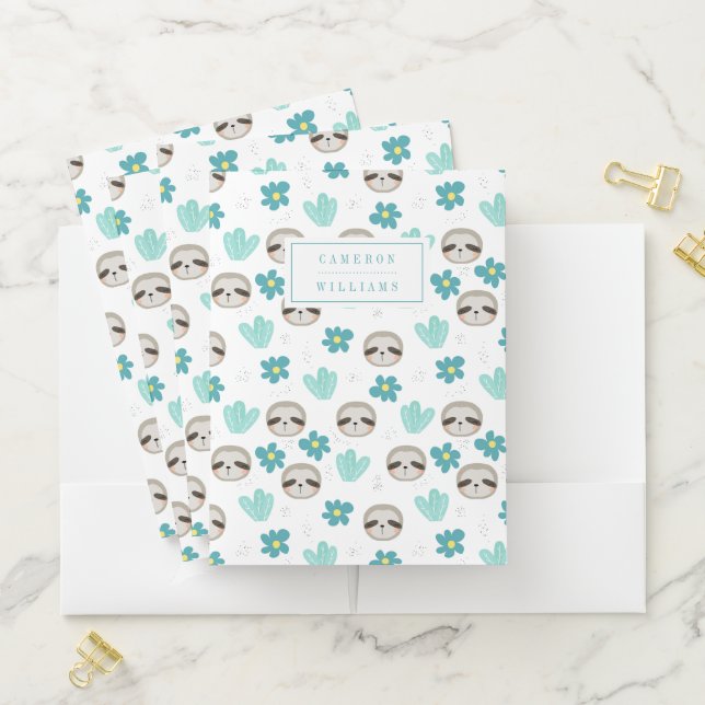 Add Your Name | Sweet Sloth Floral Pattern Pocket Folder (In Situ)