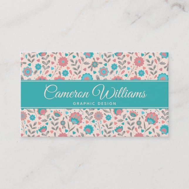 Add Your Name | Teal & Coral Folk Art Floral Business Card (Front)