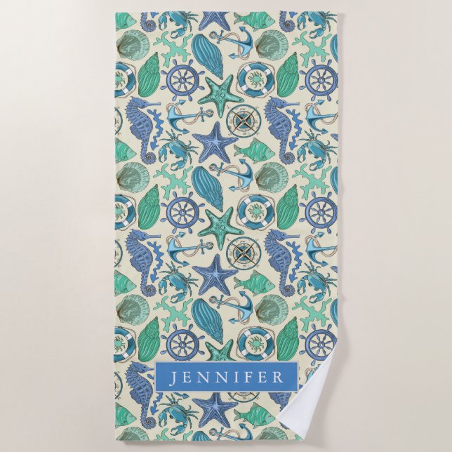 Add Your Name | Teal Sea Animals Pattern Beach Towel (Front)