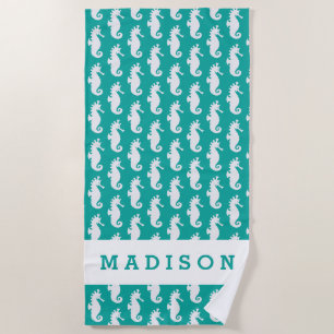 Add Your Name   Teal Seahorse Pattern Beach Towel